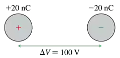Two metal spheres with charges of +20 nC and -20 nC, separated by a distance with a potential difference of 100 V.