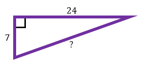 Right triangle with legs 7 and 24 units, and the hypotenuse marked with a question mark.