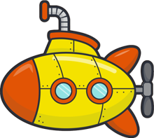 Illustration of a yellow submarine with orange accents and two round windows.