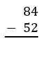 A subtraction problem showing 84 minus 52 with a horizontal line below the numbers.