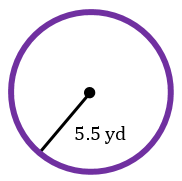 Circle with a radius of 5.5 yards and instruction to find the circumference using π = 3.14.