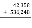 Vertical addition problem showing two whole numbers with carrying for practice.