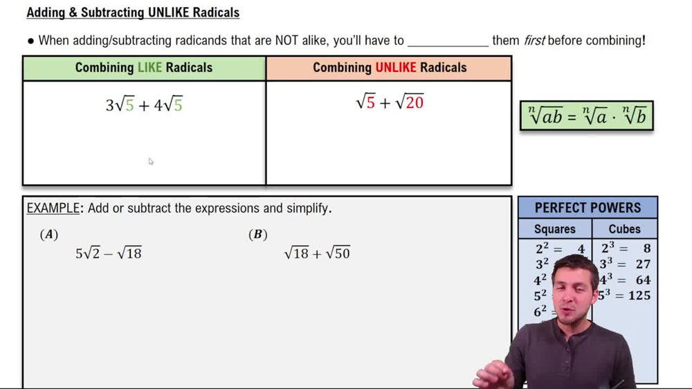 Adding & Subtracting Unlike Radicals by Simplifying