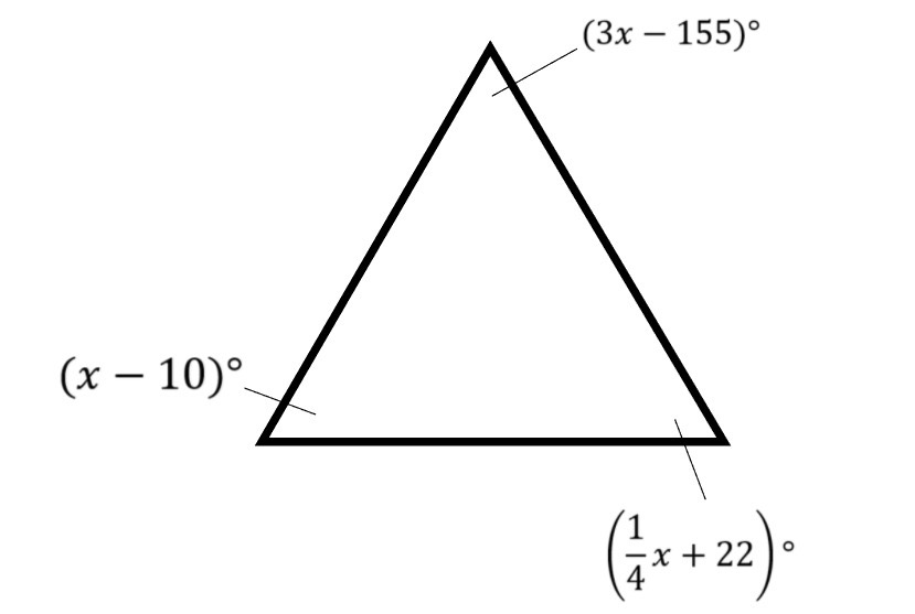 Triangle with angles labeled as (x-10)°, (3x-155)°, and (1/4x+22)° for angle measure calculation.
