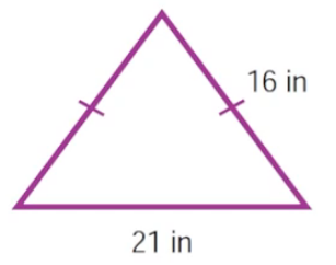 Isosceles triangle with two equal sides of 16 inches and a base of 21 inches, labeled for perimeter calculation.