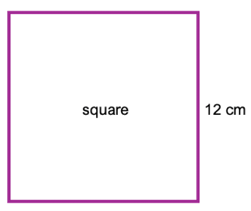 Square with each side measuring 12 centimeters, labeled for area calculation.
