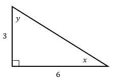 Right triangle with legs 3 and 6 units, hypotenuse labeled x, and angle opposite 3 labeled y, find missing angles.