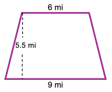 Trapezoid with parallel sides 6 mi and 9 mi, height 5.5 mi, labeled to find the area.