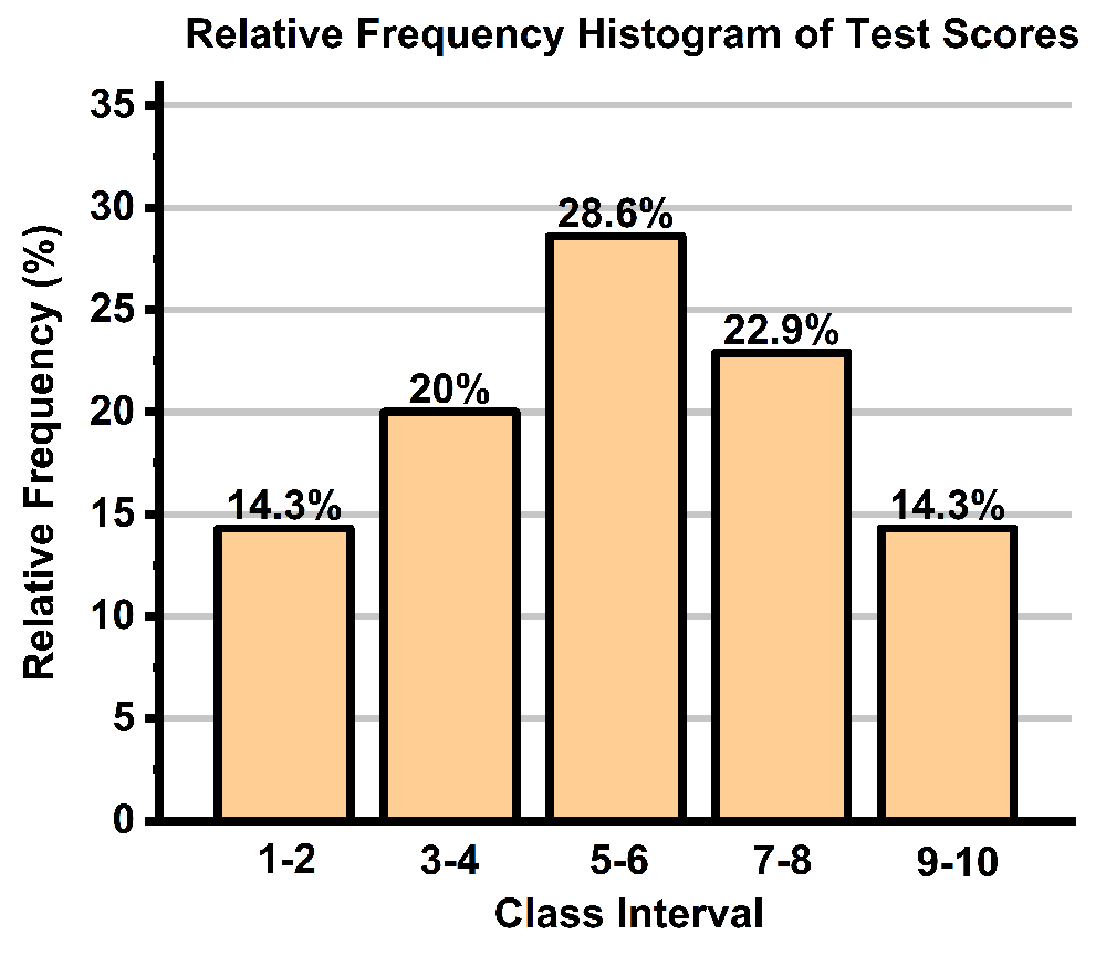Relative frequency histogram showing test score distribution across five class intervals with percentages labeled above each bar.