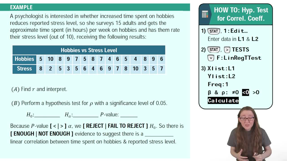 Hypothesis Tests for Correlation Coefficient Using TI-84 Example 1