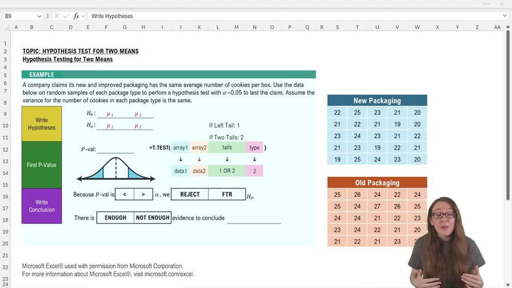 Two Means Unknown, Equal Variances Hypothesis Test - Excel