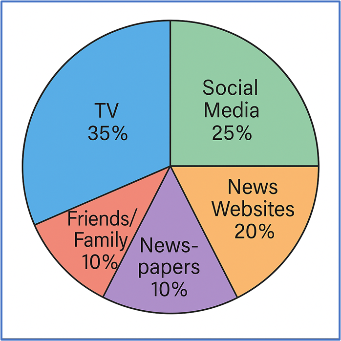 Pie chart showing survey results of 600 individuals' main news sources: TV 35%, Social Media 25%, News Websites 20%, Friends/Family 10%, Newspapers 10%.