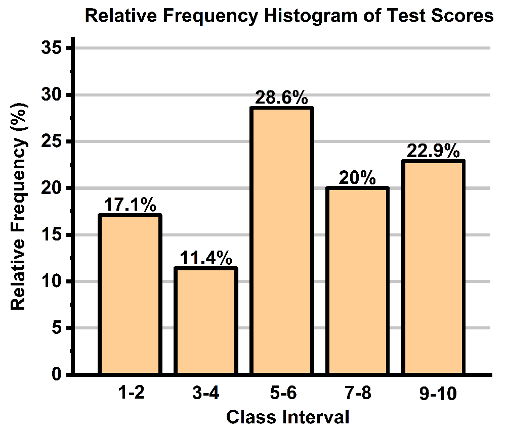 Relative frequency histogram showing test score distribution across five class intervals with percentages labeled.