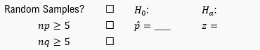 Checklist for hypothesis testing: random samples, null and alternative hypotheses, sample proportion, and z-value calculation.