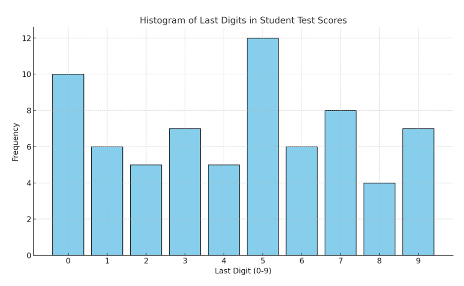 Histogram showing frequencies of last digits (0-9) in student test scores, with peaks at 0 and 5.