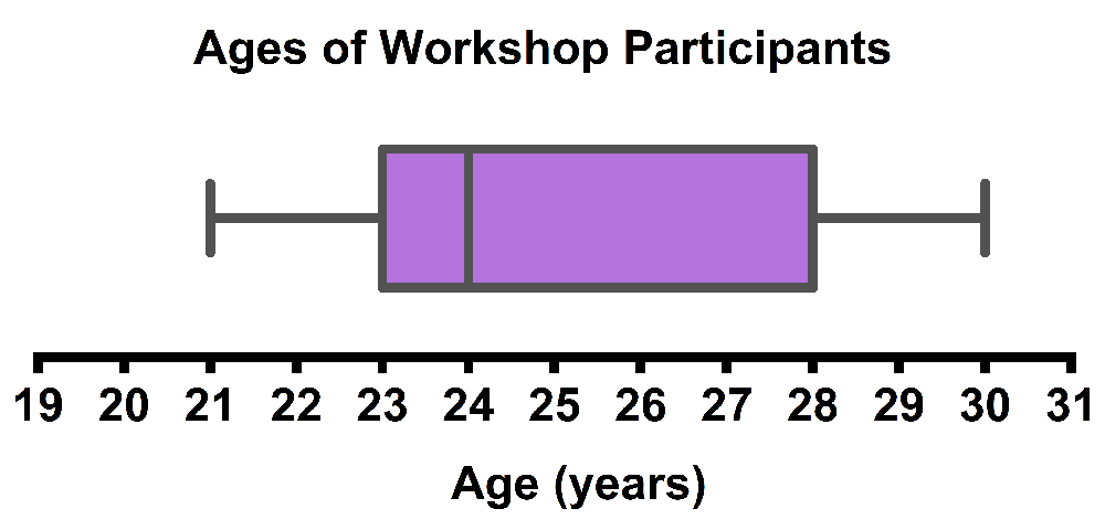 Box-and-whisker plot showing ages of workshop participants, ranging from 21 to 29 years, with a median at 25 years.