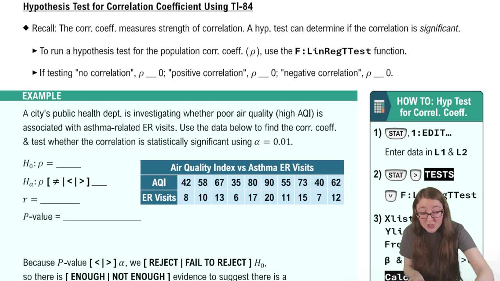 Hypothesis Tests for Correlation Coefficient Using TI-84 