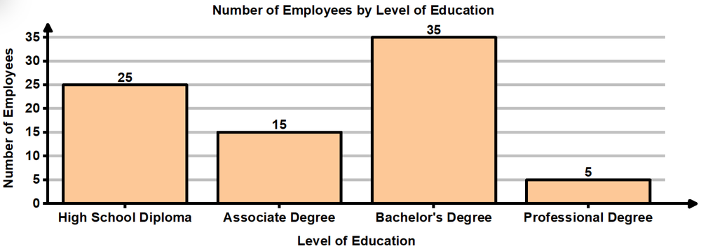 Bar graph showing the number of hospital staff by education level: High School Diploma 25, Associate Degree 15, Bachelor's Degree 35, Professional Degree 5.