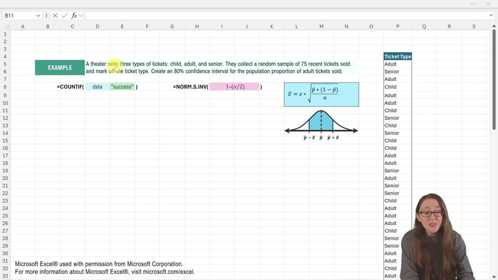 Confidence Intervals for Population Prortion - Excel Example 1