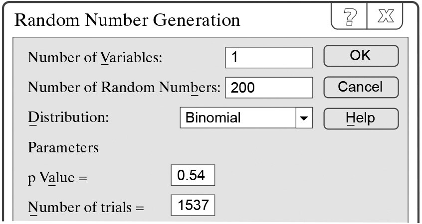 Random number generation interface displaying parameters for a binomial distribution with p-value 0.54 and 1537 trials.