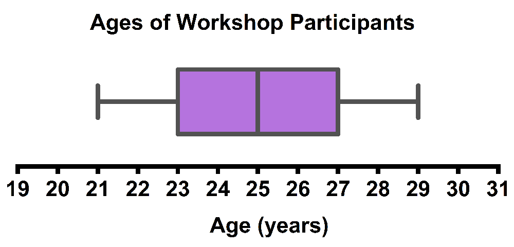 Box-and-whisker plot showing the ages of workshop participants, ranging from 19 to 31 years.