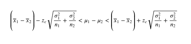 Mathematical formula showing confidence interval bounds for difference between two means using sample data and population variances.