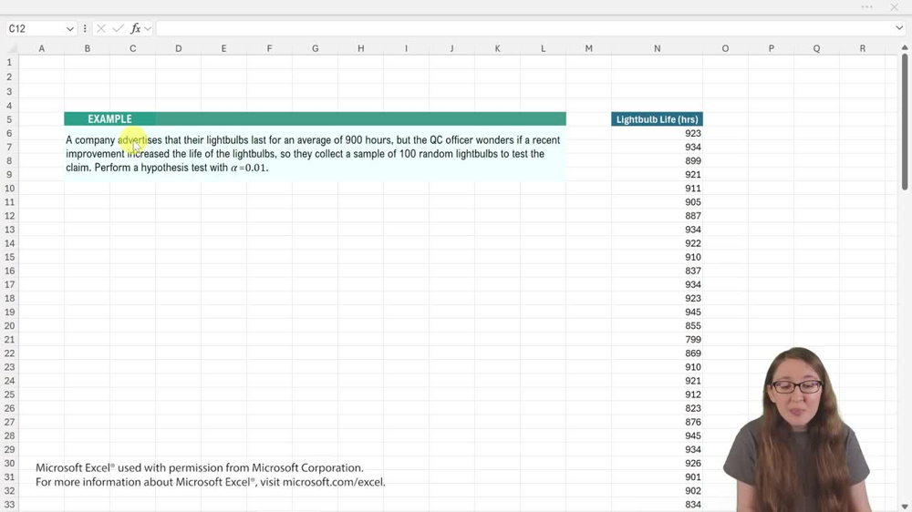Performing Hypothesis Tests: Mean Sigma Unknown - Excel Example 3