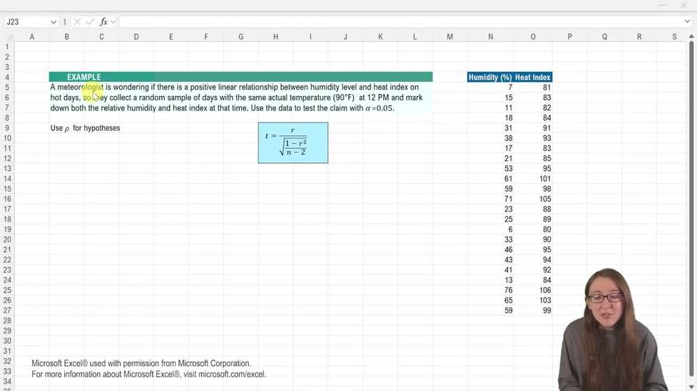 Inferences for Correlation Coefficient - Excel Example 1