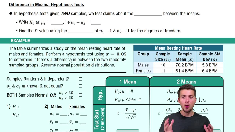 Difference in Means: Hypothesis Tests