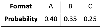 Table showing three course formats A, B, and C with probabilities 0.40, 0.35, and 0.25 respectively.