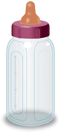 Illustration of a clear baby bottle with a brown nipple and a maroon cap, used to represent healthcare costs.