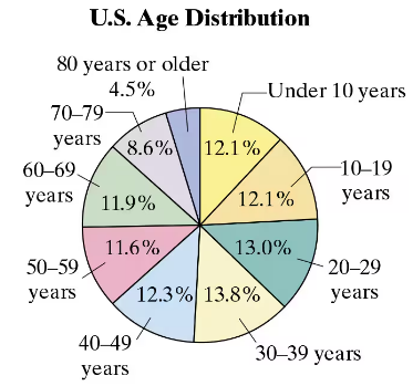 Pie chart showing U.S. age distribution for 2025, with percentages for various age groups from under 10 to 80 years or older.