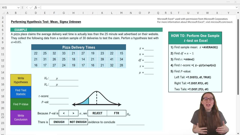 Performing Hypothesis Tests: Mean Sigma Unknown - Excel