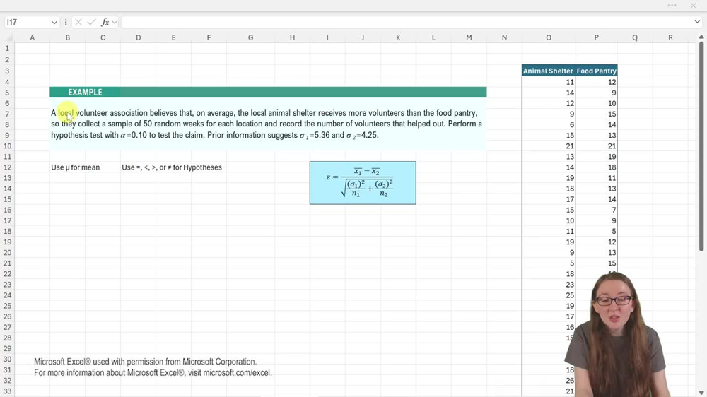 Two Means -Sigma Known Hypothesis Test - Excel Example 1