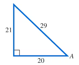 Right triangle with sides 20, 21, and hypotenuse 29, showing angle A and a right angle.