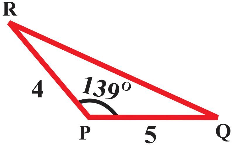 Triangle with sides labeled 4 and 5, angle P is 139 degrees, for Law of Cosines exercise.