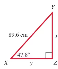 Right triangle XYZ with hypotenuse 89.6 cm, angle 47.8°, and right angle at Z, sides labeled x and y.