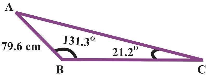 Triangle ABC with sides 79.6 cm, angles 131.3° and 21.2° for Law of Sines exercise.