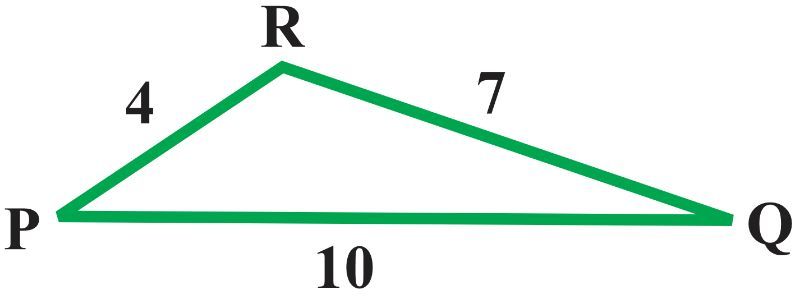 Triangle PQR with sides 4, 7, and 10, illustrating the Law of Cosines.