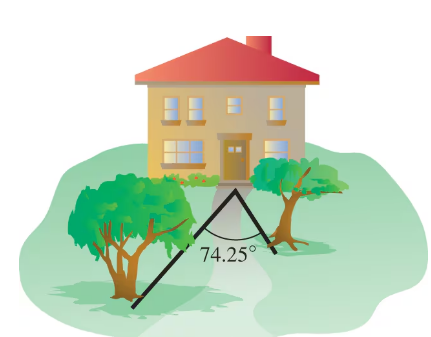 Diagram of a house with two trees and an angle of 74.25 degrees formed between lines from the trees to the house.