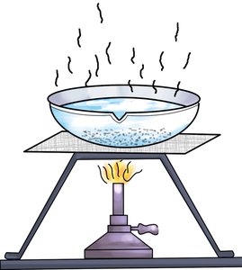 Evaporation setup with evaporating dish and Bunsen burner