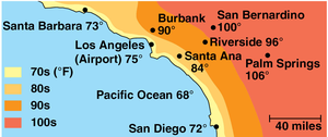 Map showing temperature moderation by large bodies of water