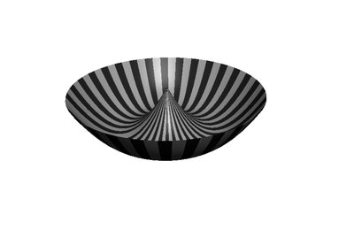 A 3D rendering of a paraboloid, a bowl-shaped solid of revolution with alternating black and white stripes.