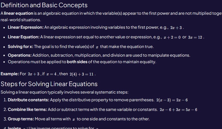 Steps for solving linear equations and definitions