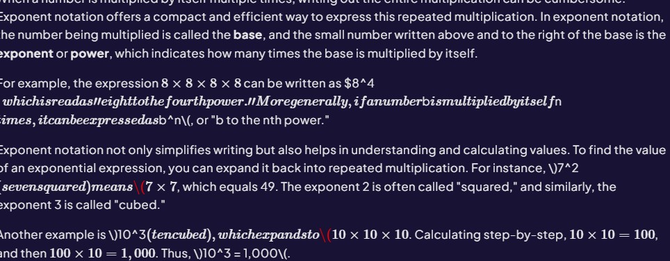 Screenshot explaining exponent notation with examples of 7^2 and 10^3