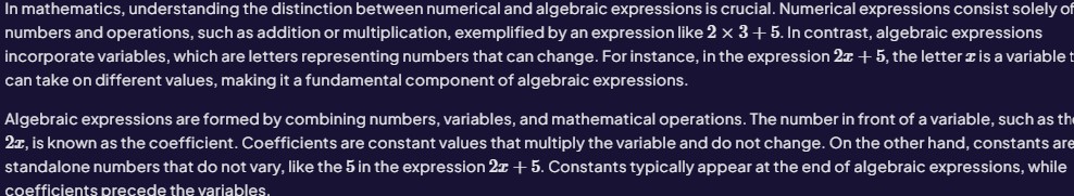 Screenshot of text explaining numerical and algebraic expressions, with examples 2x3+5 and 2x+5 highlighted