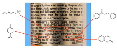 Hairspray ingredients with organic molecules highlighted