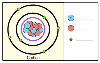 Diagram of a carbon atom showing protons, neutrons, and electrons