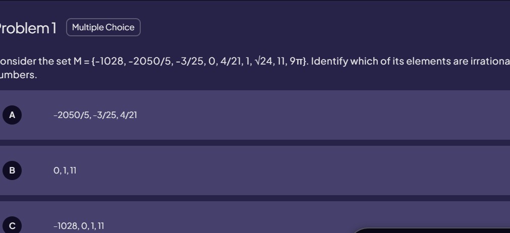 Screenshot of a multiple choice question about irrational numbers